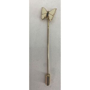 Vintage Enamel‎ Butterfly Stick Pin Goldtone Cream White Insect Jewelry